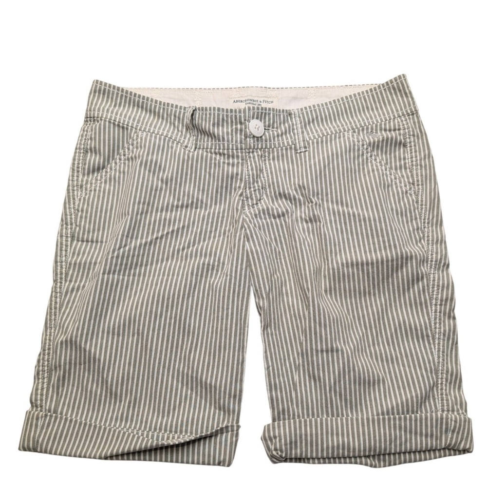Abercrombie & Fitch Bermuda Shorts Womens 0 Green White Striped Cuffed Low Rise